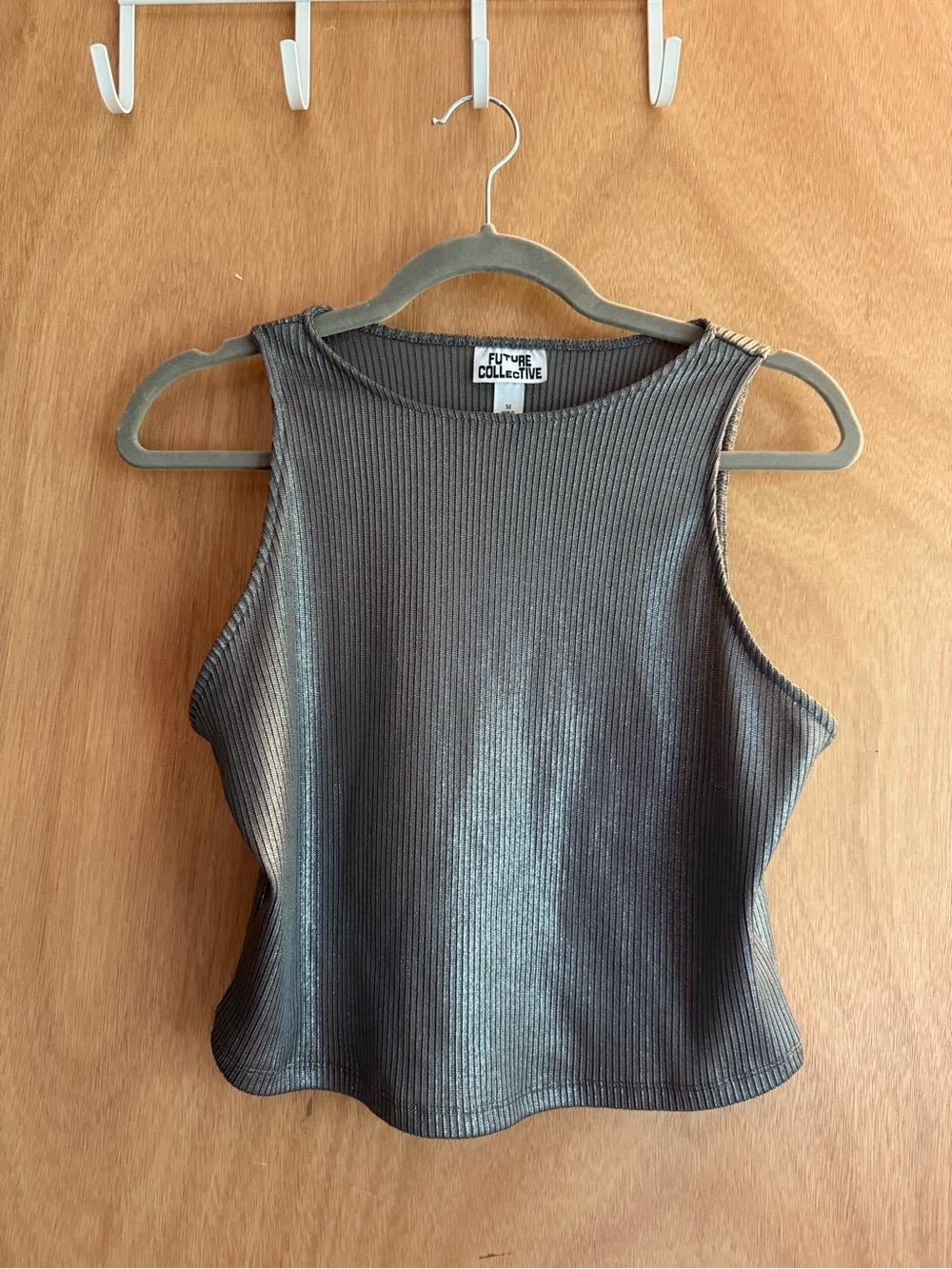Future Collective Metallic Ribbed Tank Top - Charcoal